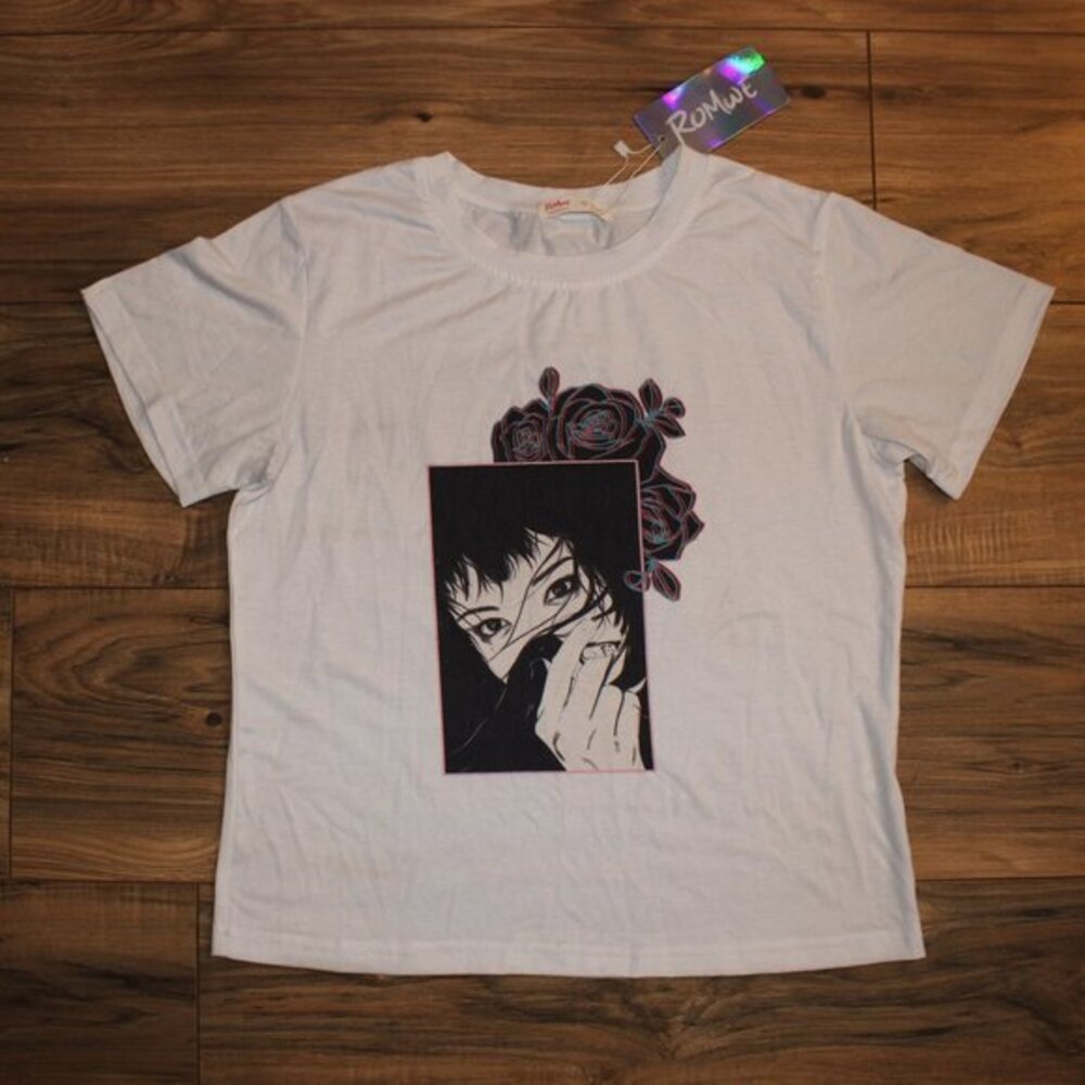 Romwe Smoking Girl w/ Roses White Graphic Tee M